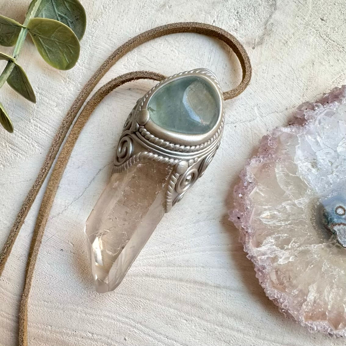 Clear quartz and celestite unisex spiritual jewelry