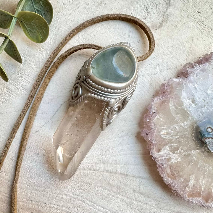 Clear quartz and celestite unisex spiritual jewelry