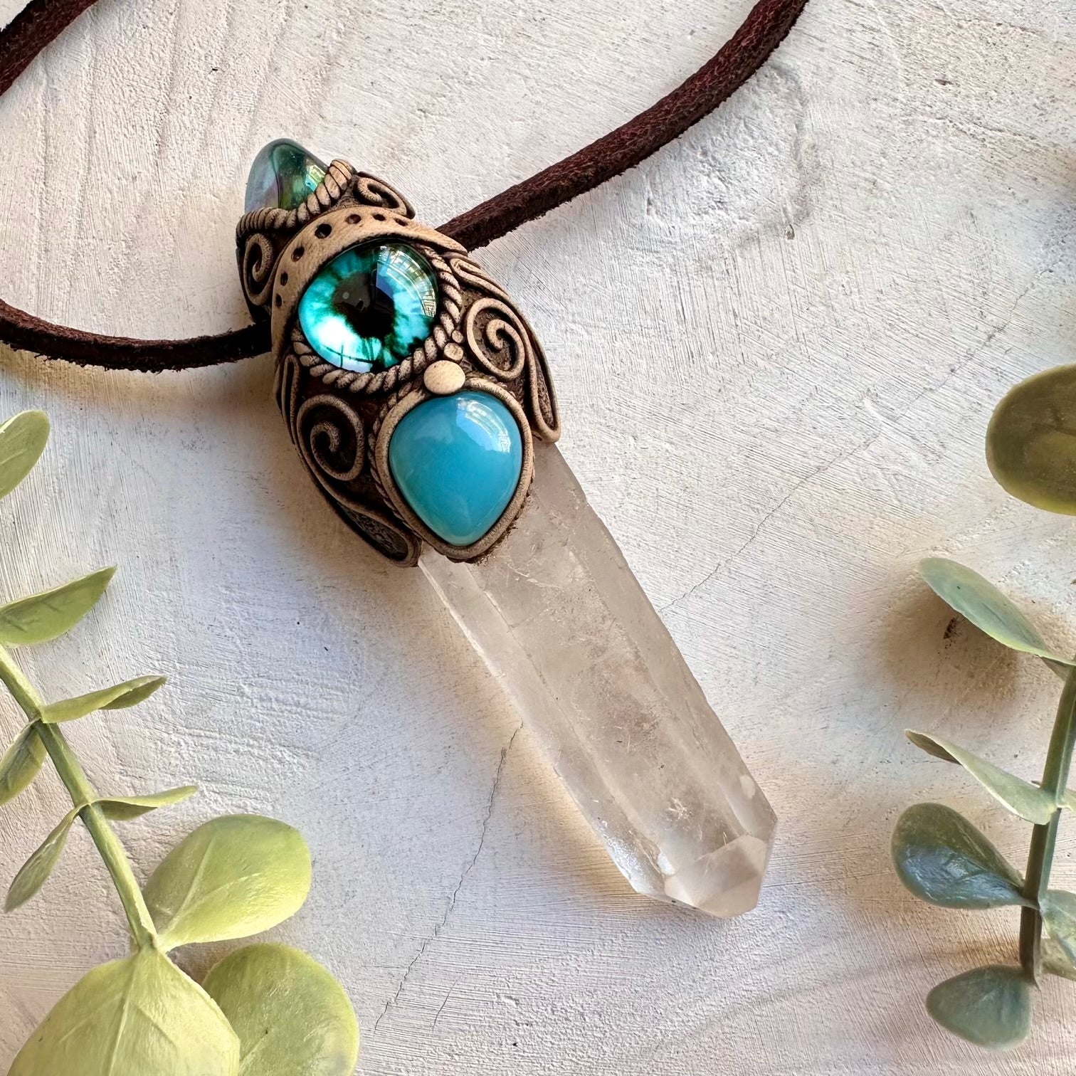 Healing crystal wand pendant with clear quartz and aqua aura quartz