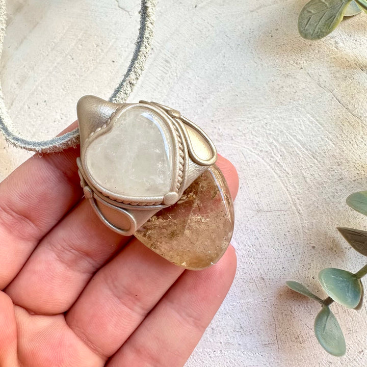 Healing crystal jewelry featuring Citrine and Clear Quartz Heart