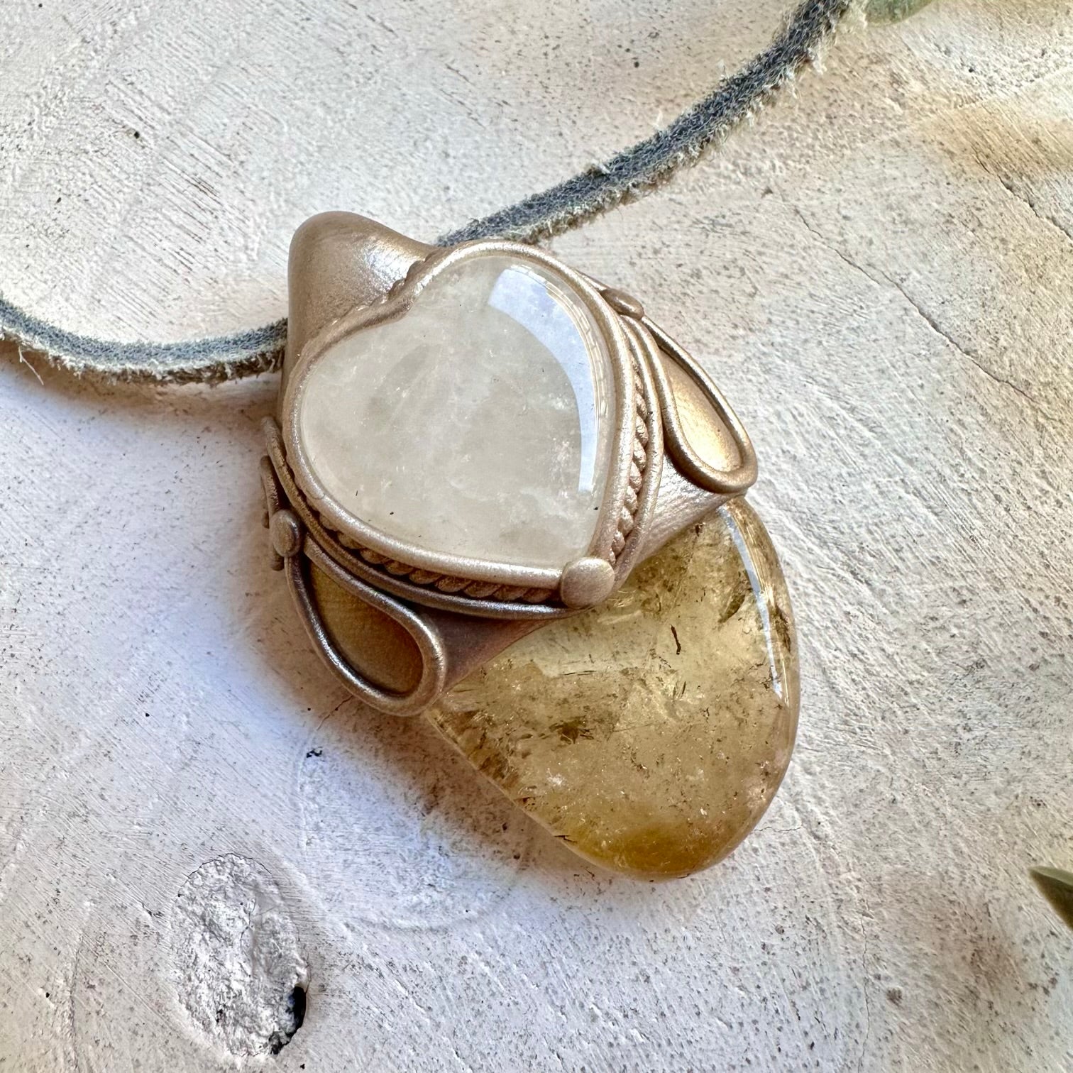 Clear Quartz Heart and Citrine healing stone necklace handmade with natural crystals