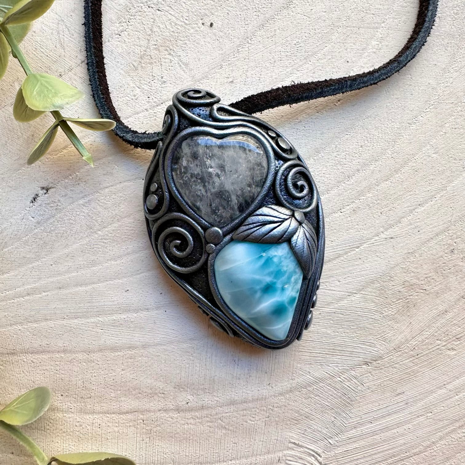 Healing crystal pendant with larimar and quartz heart