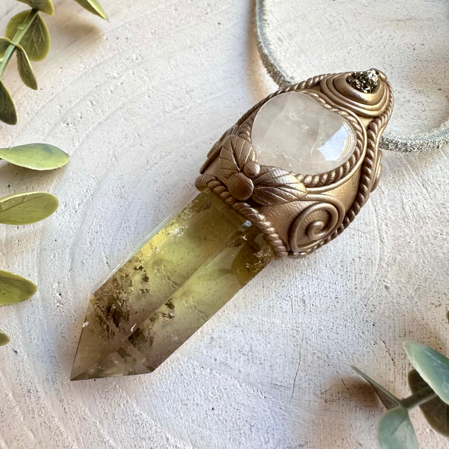 Citrine Point Wand Necklace with Clear Quartz Heart & Pyrite – Healing Crystal Jewelry, Manifestation Pendant