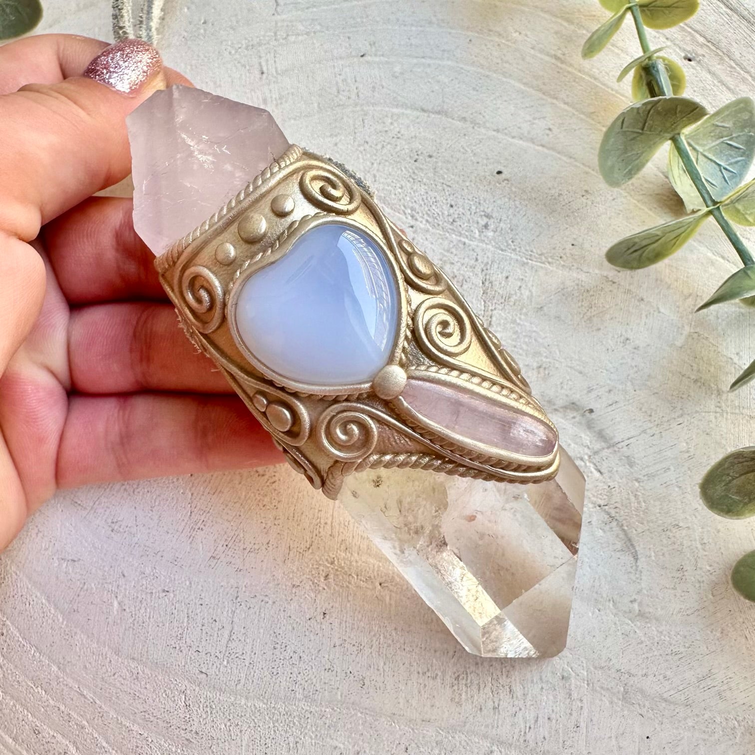 Clear Quartz with Raw Lavender Fluorite Blue Chalcedony and Kunzite healing crystal wand pendant