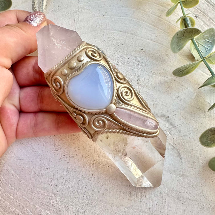 Clear Quartz with Raw Lavender Fluorite Blue Chalcedony and Kunzite healing crystal wand pendant