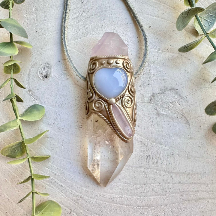 Clear Quartz with Raw Lavender Fluorite Blue Chalcedony and Kunzite healing crystal wand pendant necklace handmade