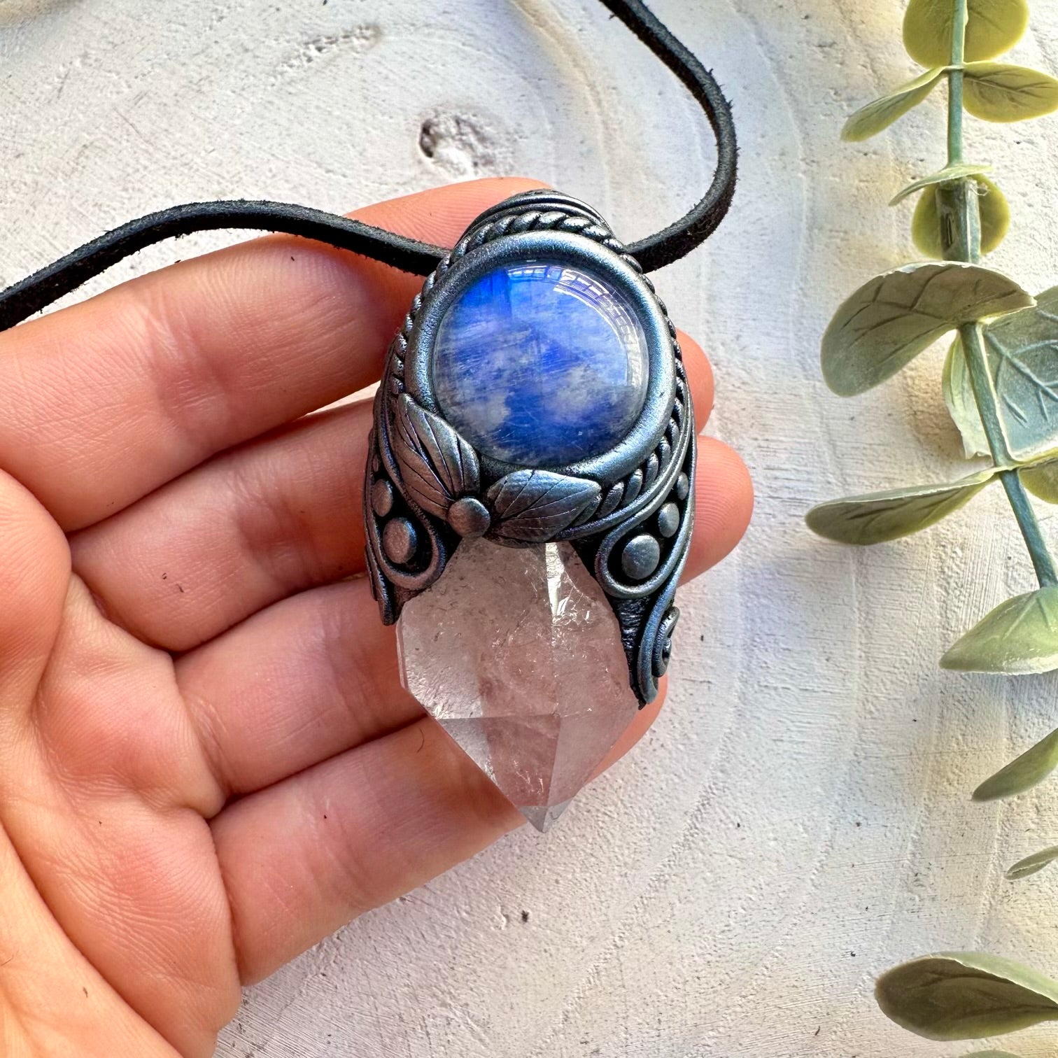 Clear quartz and moonstone necklace, handmade crystal jewelry