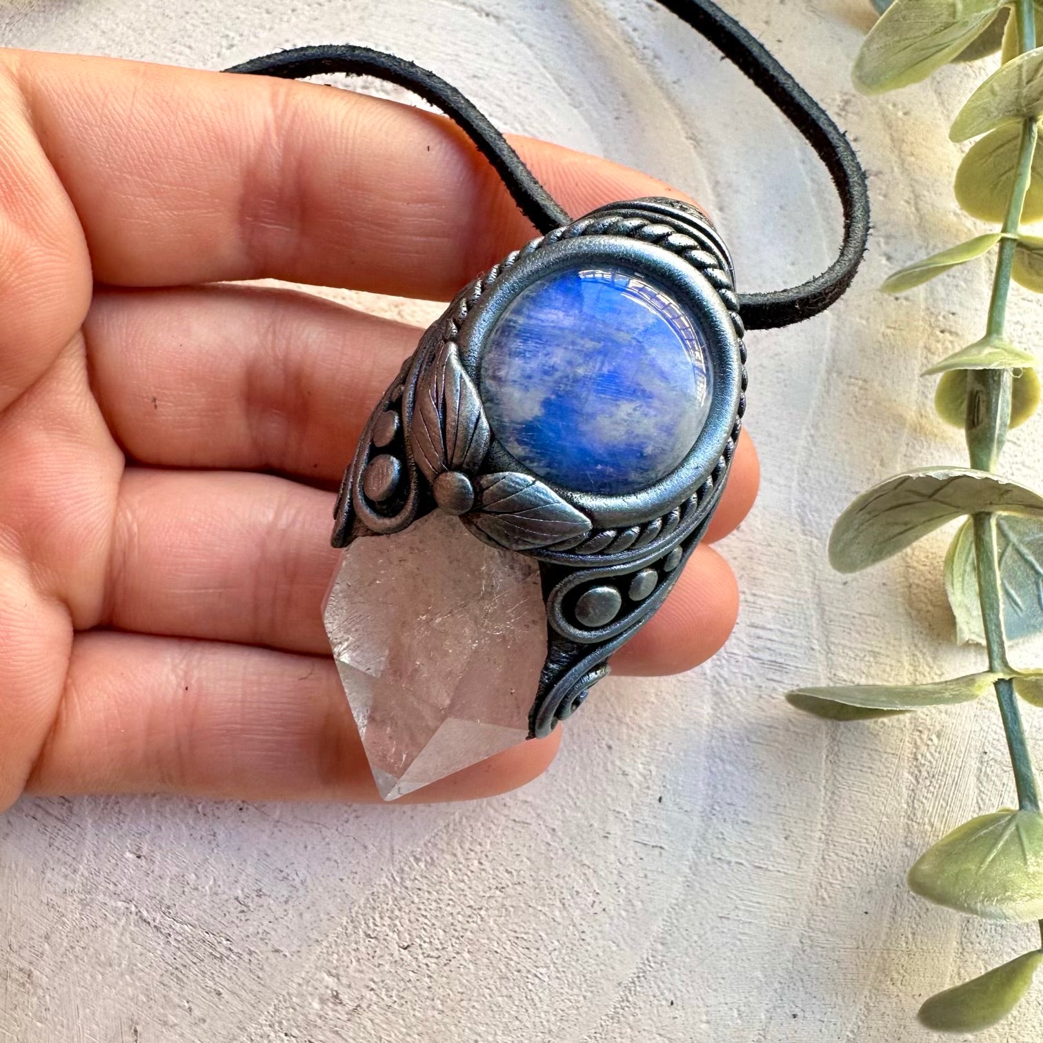 Handmade necklace featuring clear quartz and moonstone