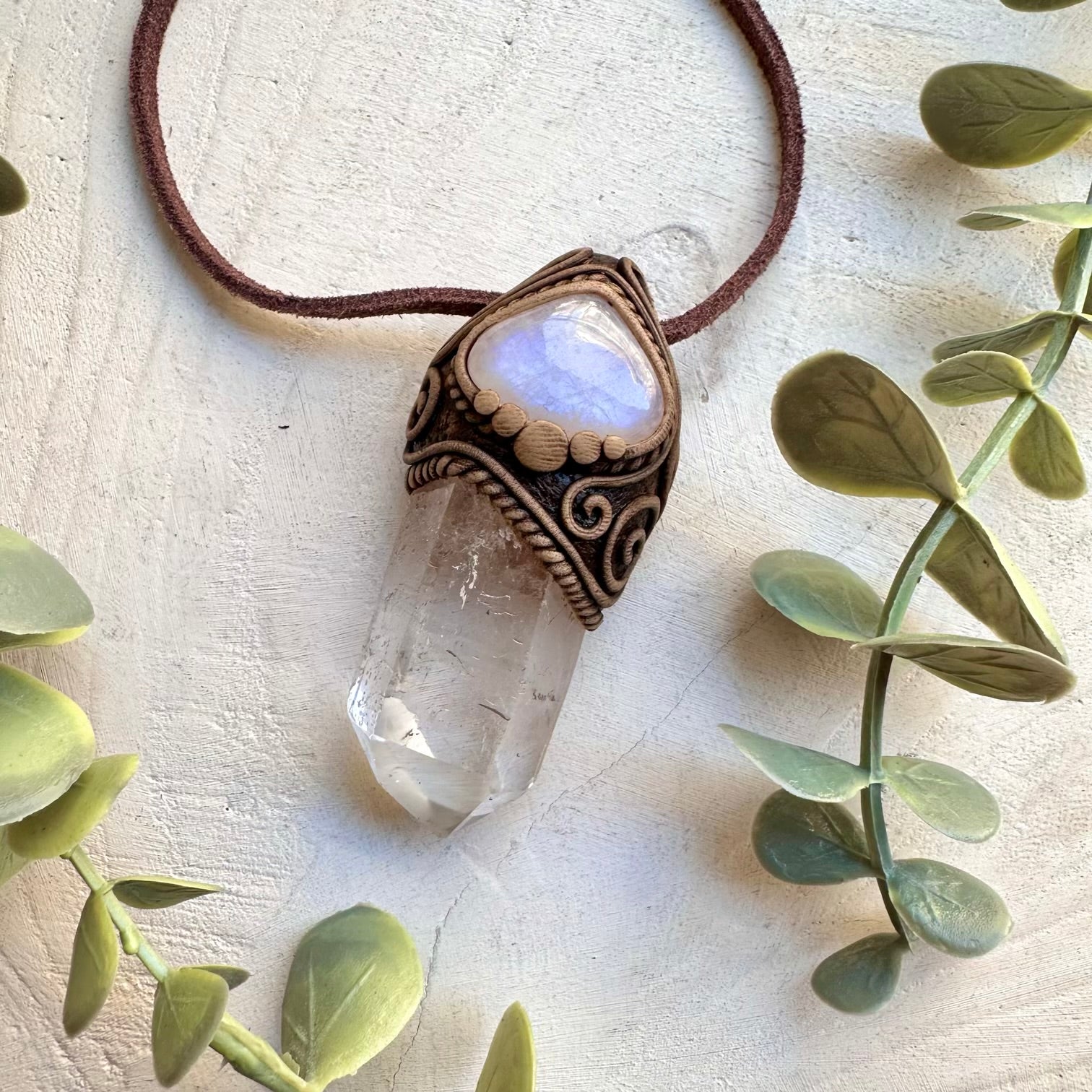 Large clear quartz and moonstone healing crystal necklace
