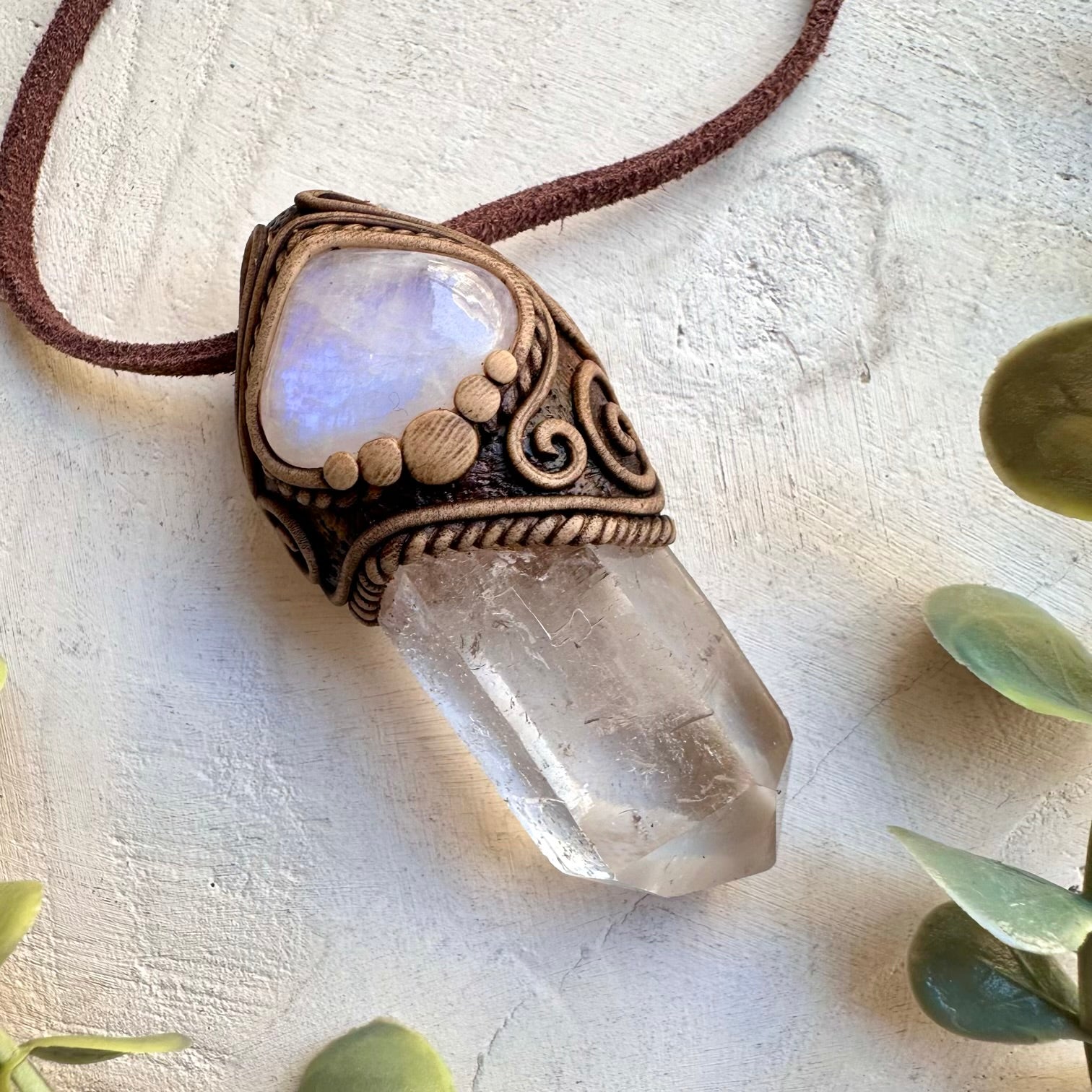 Clear quartz point and moonstone unisex spiritual jewelry