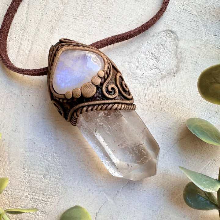 Clear quartz point and moonstone unisex spiritual jewelry