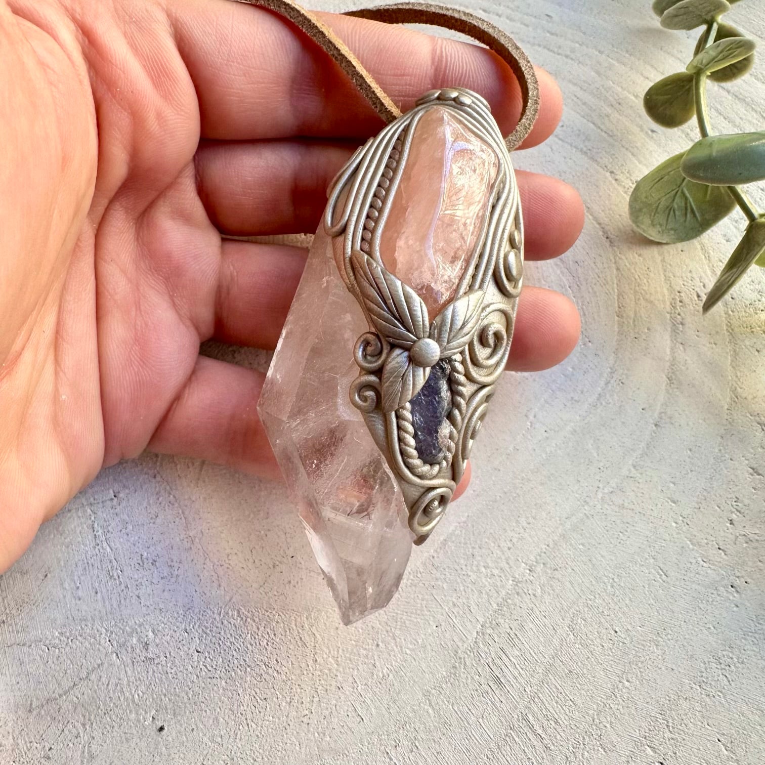 Clear quartz morganite and raw tanzanite wand pendant necklace