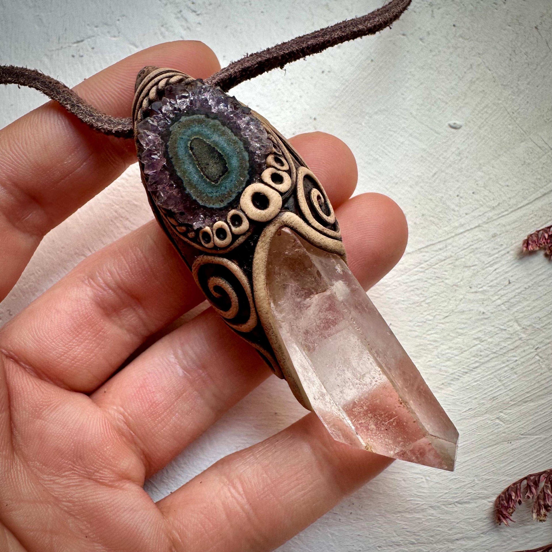 Clear Quartz Point and Amethyst Stalactite Necklace - FairyGardenGlow