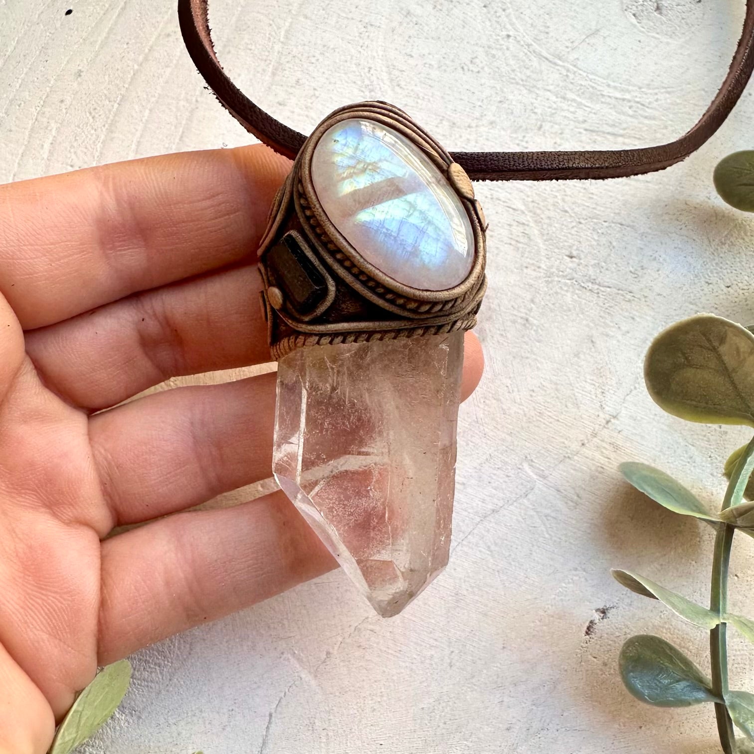 Handmade healing crystal necklace with clear quartz and black tourmaline