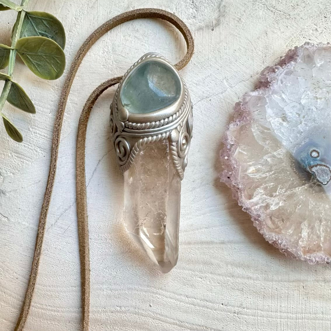 Handmade healing crystal necklace with clear quartz and celestite