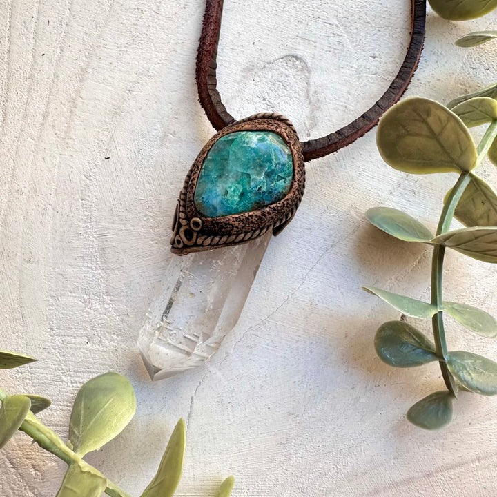Handmade healing crystal necklace with clear quartz and chrysocolla