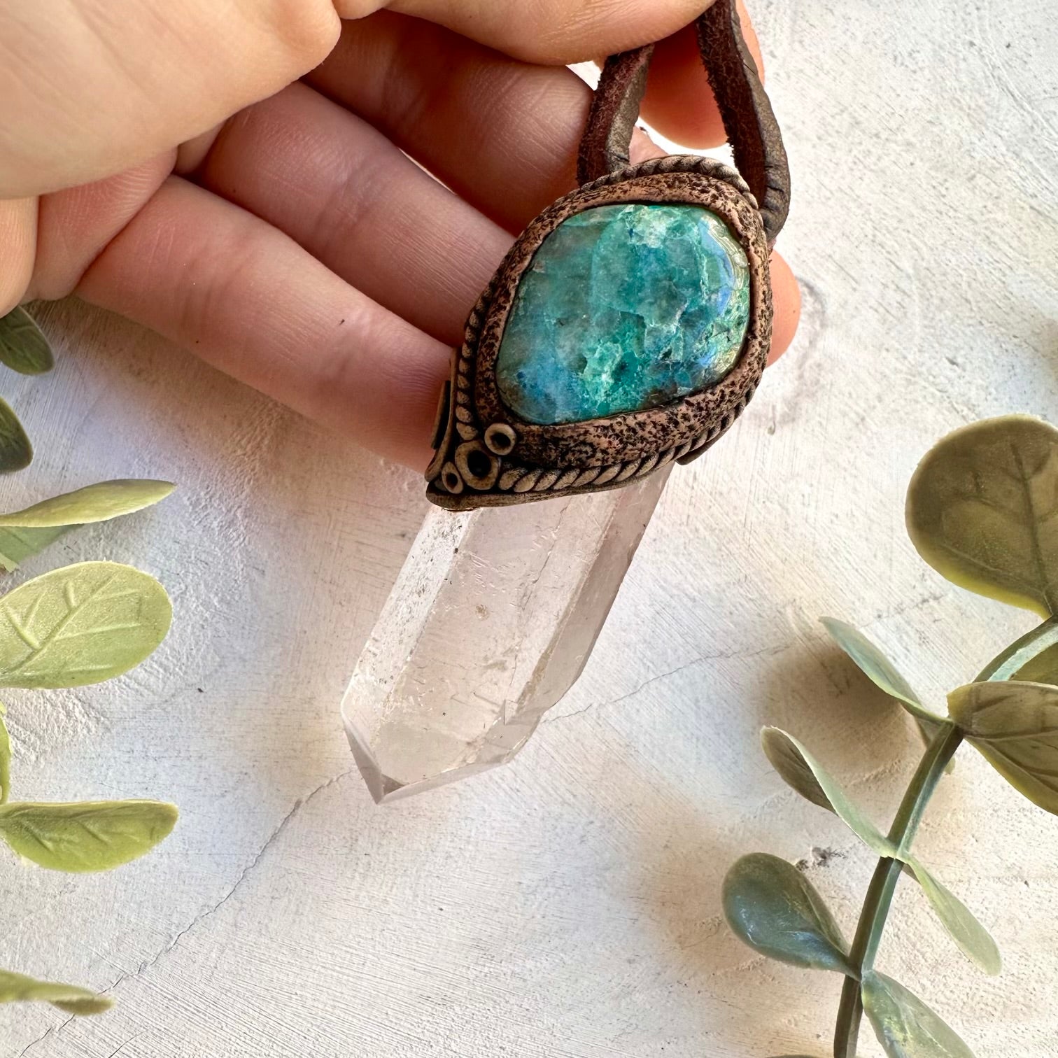 Handmade spiritual talisman necklace with quartz and chrysocolla