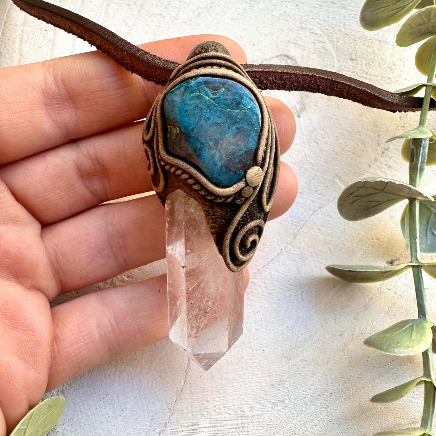 Clear quartz point and shattuckite pendant necklace