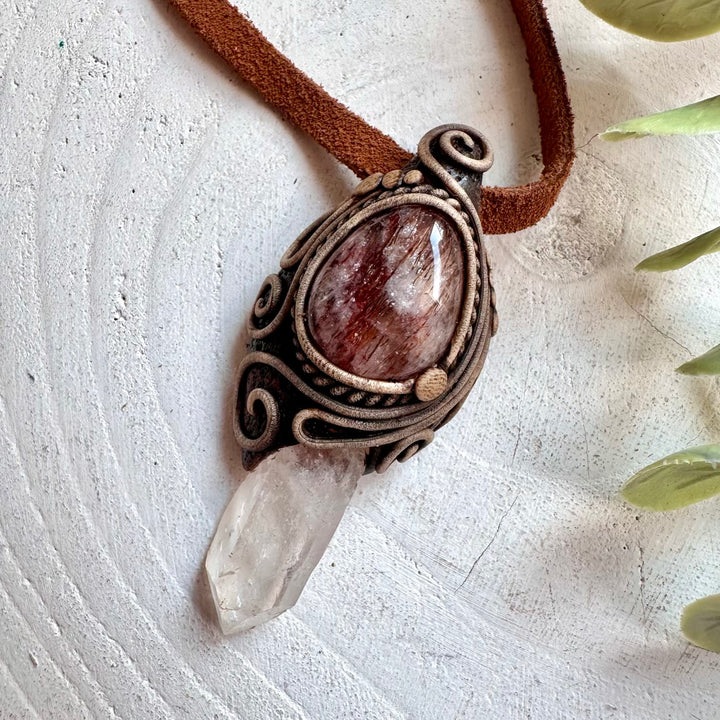 Unique healing crystal necklace with Clear Quartz and Red Quartz natural gemstones