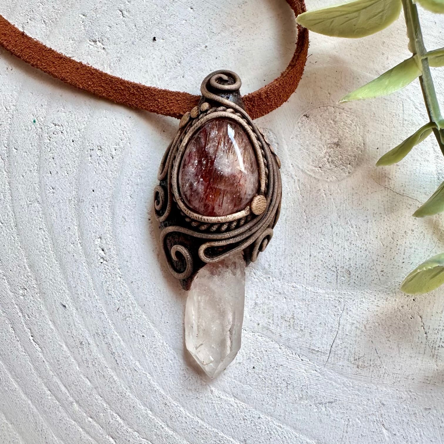 Clear Quartz and Red Quartz crystal talisman necklace handmade boho gemstone jewelry