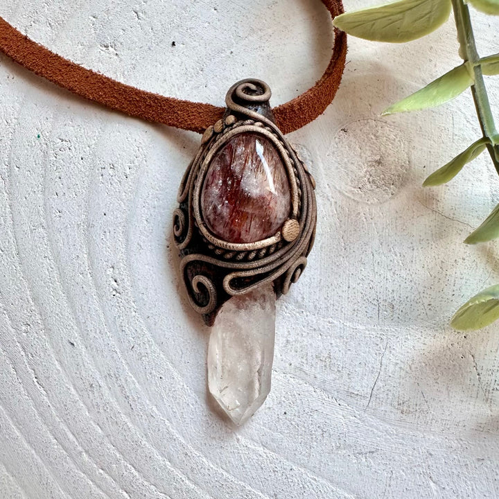 Clear Quartz and Red Quartz crystal talisman necklace handmade boho gemstone jewelry