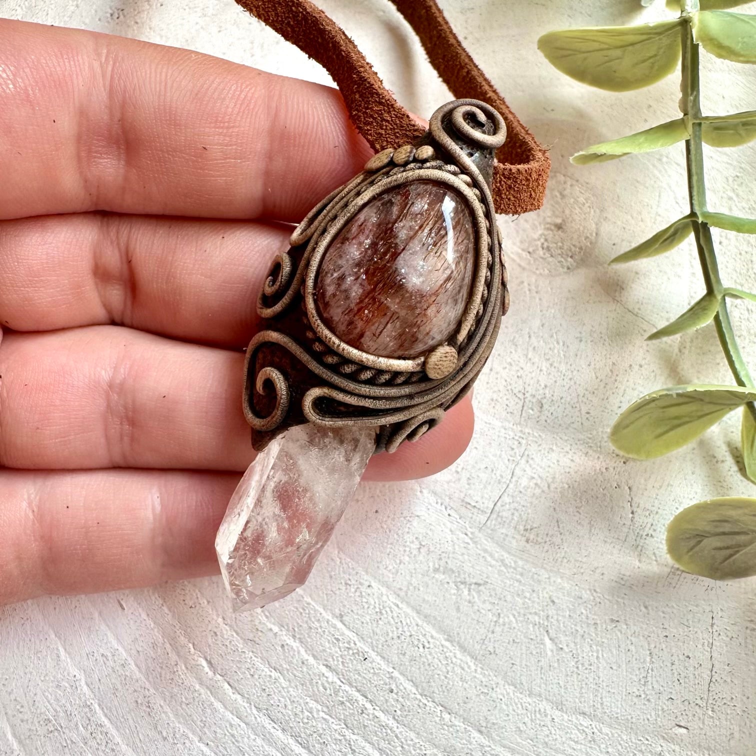 Handmade Clear Quartz and Red Quartz pendant necklace featuring natural healing crystal gemstones