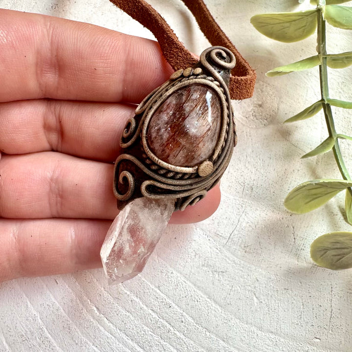 Handmade Clear Quartz and Red Quartz pendant necklace featuring natural healing crystal gemstones