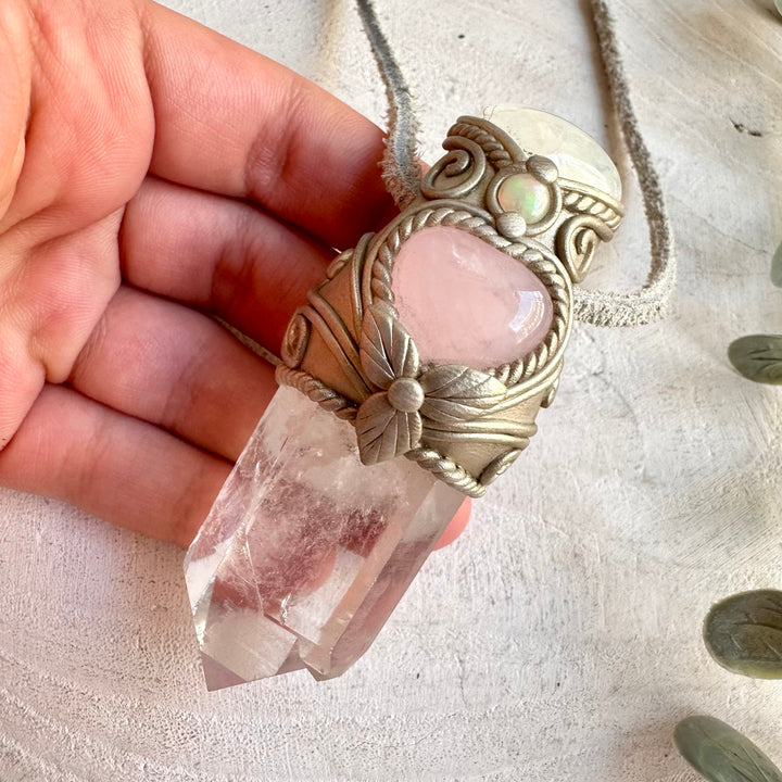 Handmade Clear Quartz with Rose Quartz Heart, Moonstone and Ethiopian Opal wand / pendant necklace, a one of a kind healing crystal jewelry piece for love, intuition, clarity and spiritual connection.