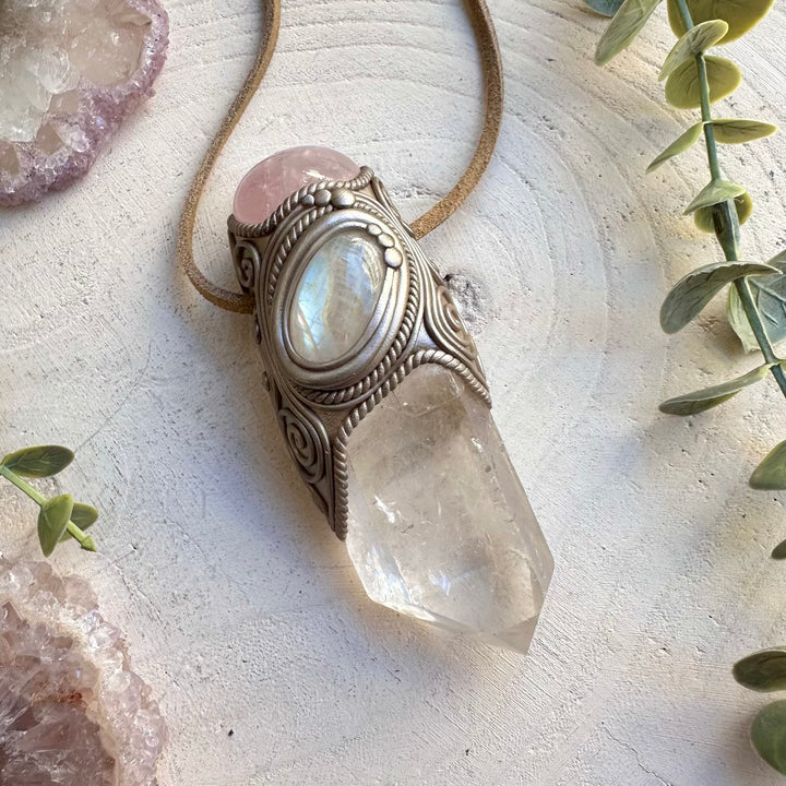 Clear quartz rose quartz and rainbow moonstone wand pendant necklace