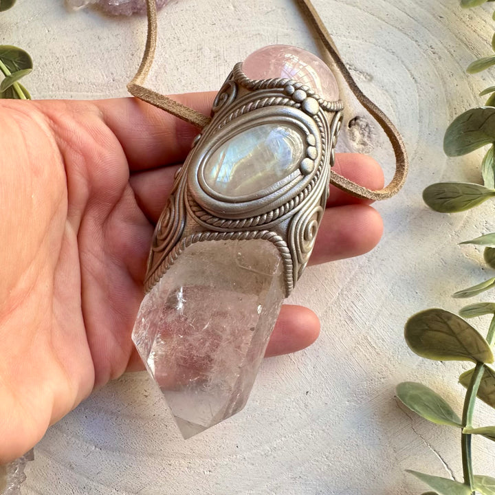 Handmade crystal wand pendant with quartz rose quartz and moonstone