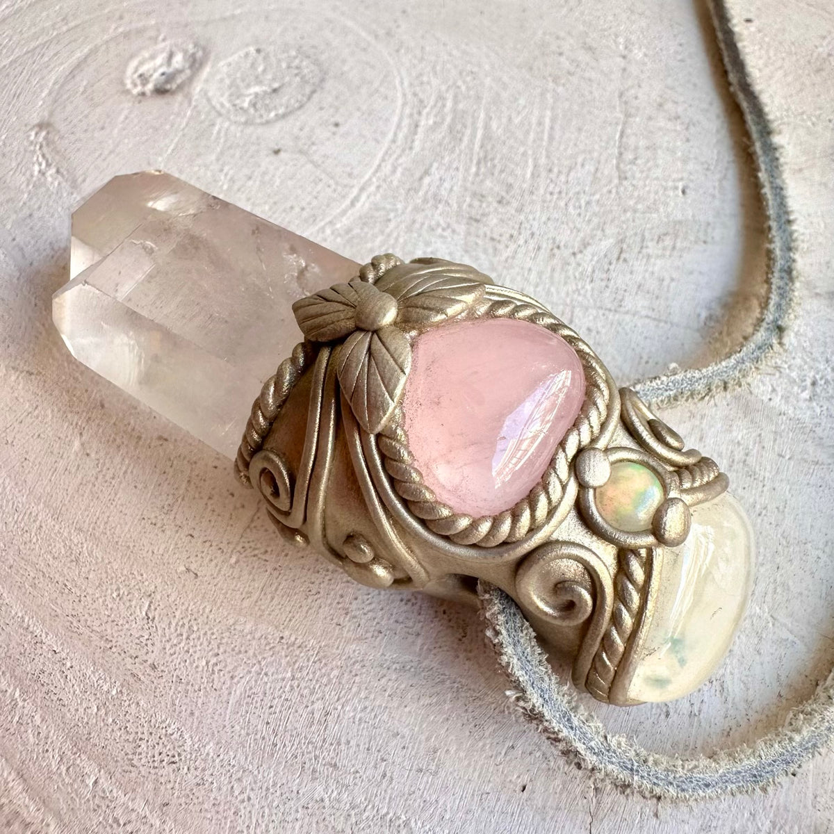 One of a kind healing crystal necklace combining Clear Quartz, Moonstone and colorful Ethiopian Opal.
