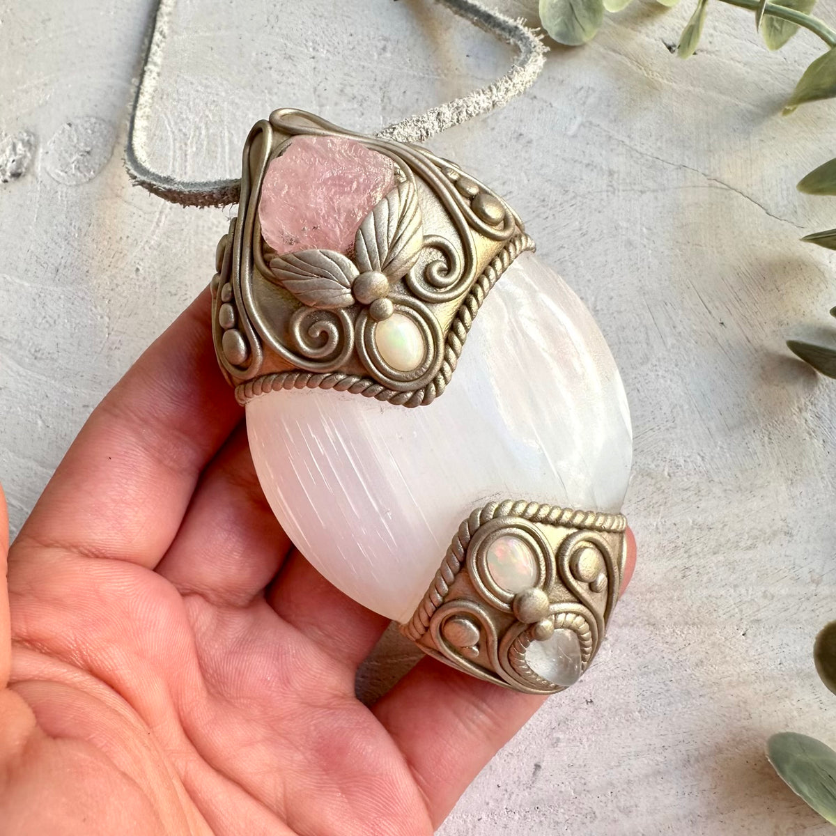 One of a kind healing crystal talisman with Selenite, Raw Morganite, Clear Topaz and Ethiopian Opal.