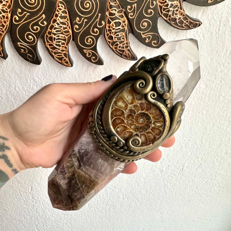 Super Seven Quartz wand with Clear Topaz and Moldavite stones