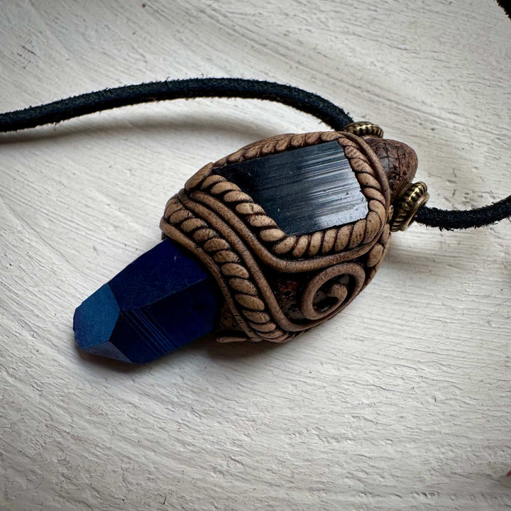 Cobalt Aura Quartz and Black Tourmaline Pendant Necklace - FairyGardenGlow