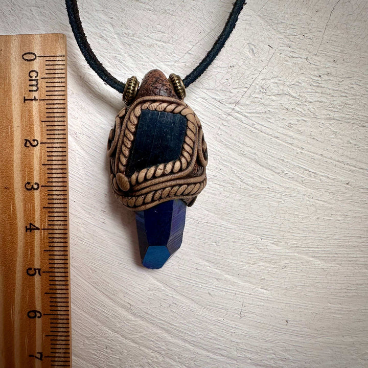 Cobalt Aura Quartz and Black Tourmaline Pendant Necklace - FairyGardenGlow