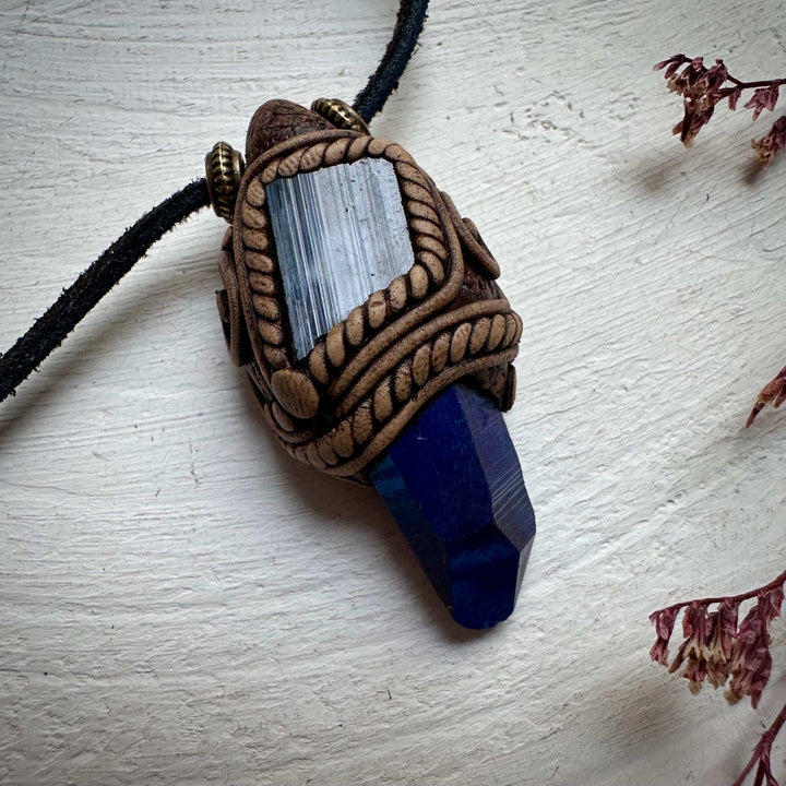 Cobalt Aura Quartz and Black Tourmaline Pendant Necklace - FairyGardenGlow