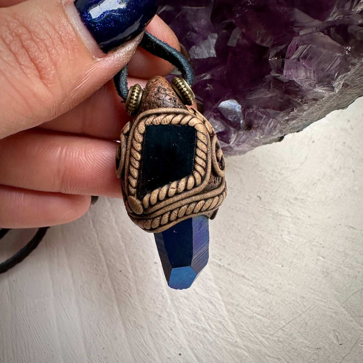 Cobalt Aura Quartz and Black Tourmaline Pendant Necklace - FairyGardenGlow