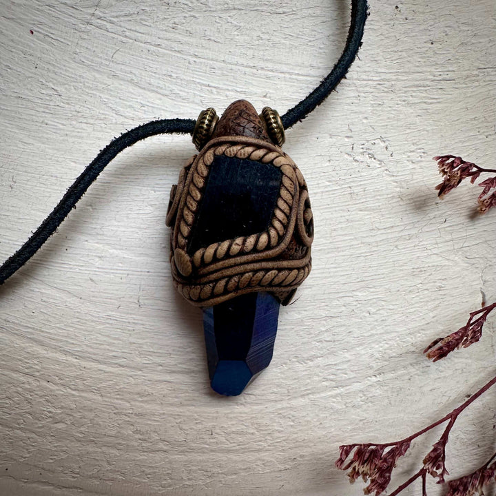 Cobalt Aura Quartz and Black Tourmaline Pendant Necklace - FairyGardenGlow