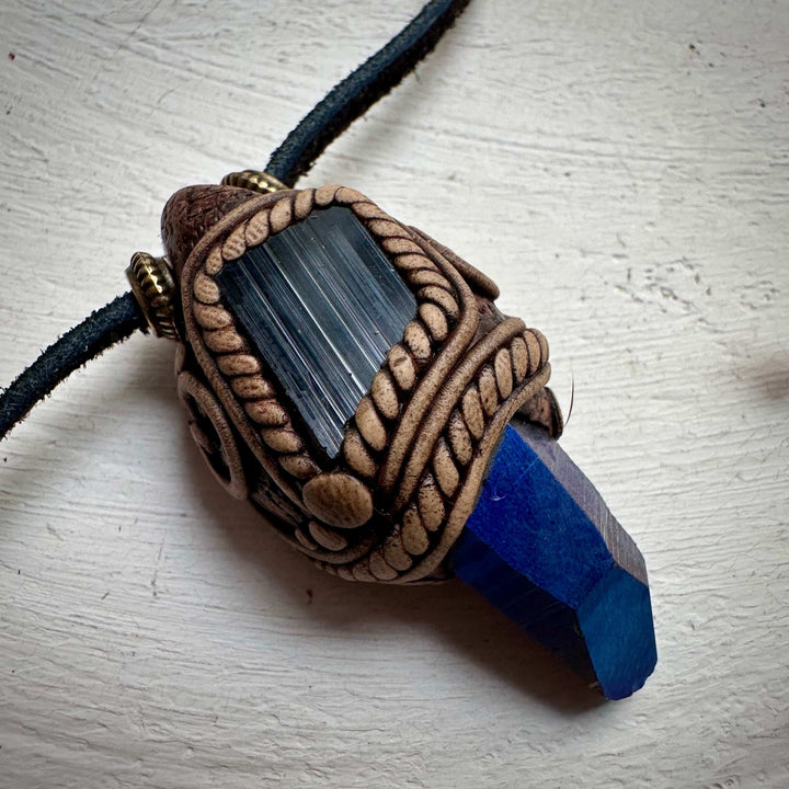 Cobalt Aura Quartz and Black Tourmaline Pendant Necklace - FairyGardenGlow
