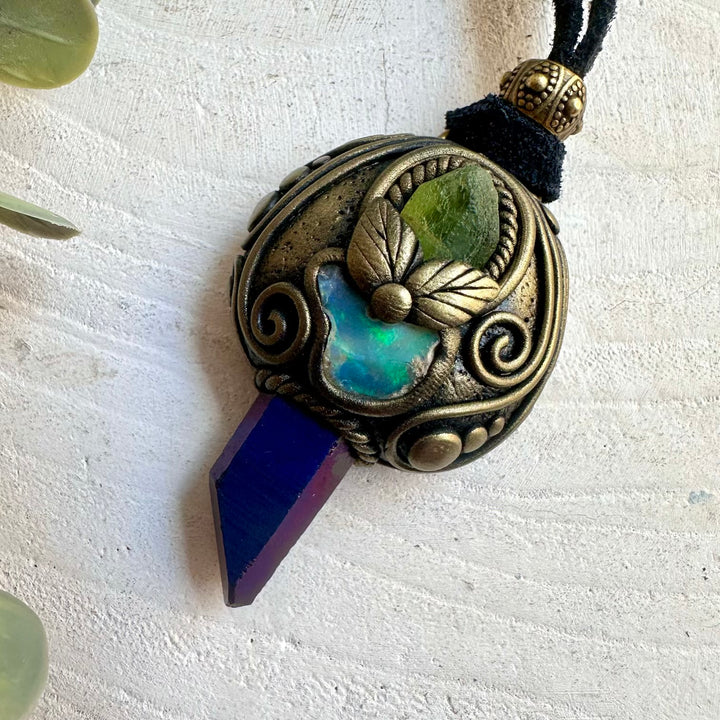 Handmade healing crystal necklace with Cobalt Aura Quartz, Peridot and natural Ethiopian Opal.