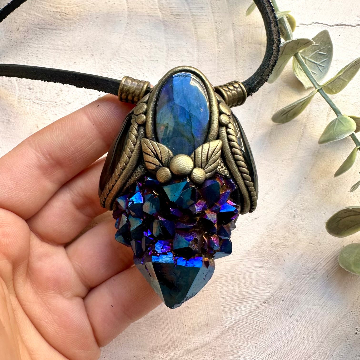 Handmade necklace featuring cobalt aura quartz labradorite and black onyx
