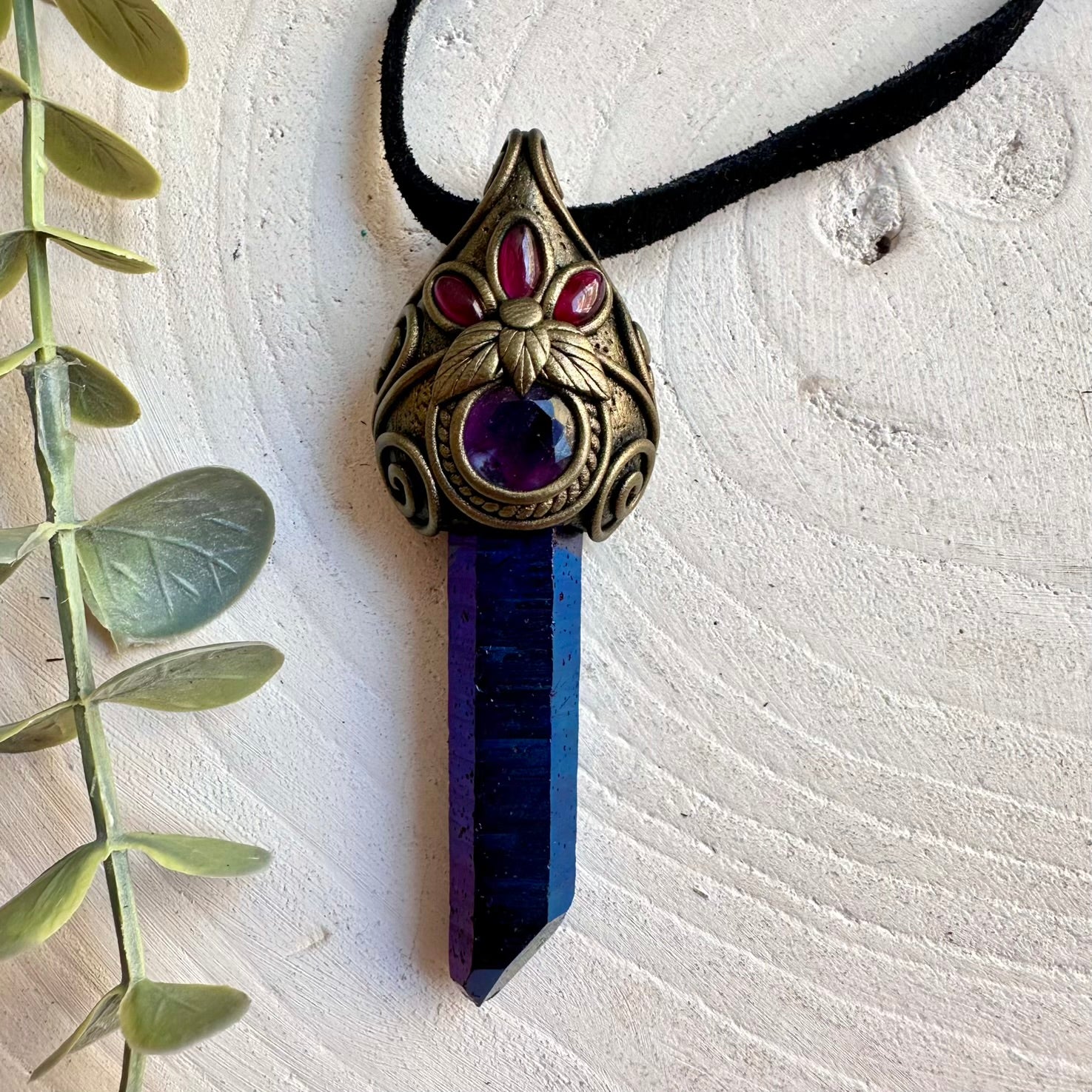 Handmade pendant necklace with Cobalt Aura Quartz, Rainbow Fluorite and Rhodolite Garnet.