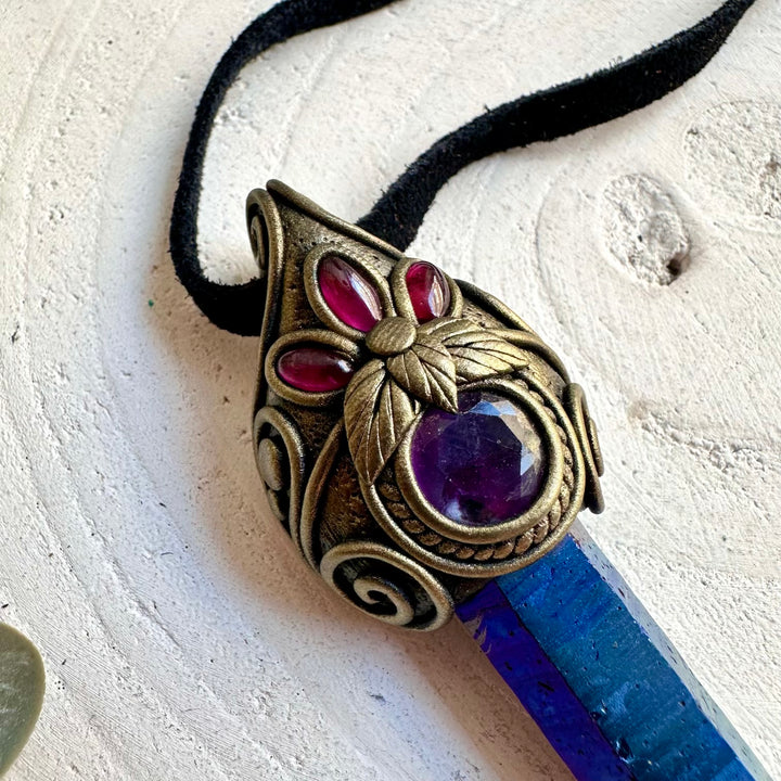 Handmade healing crystal pendant with Cobalt Aura Quartz and vibrant Rainbow Fluorite.