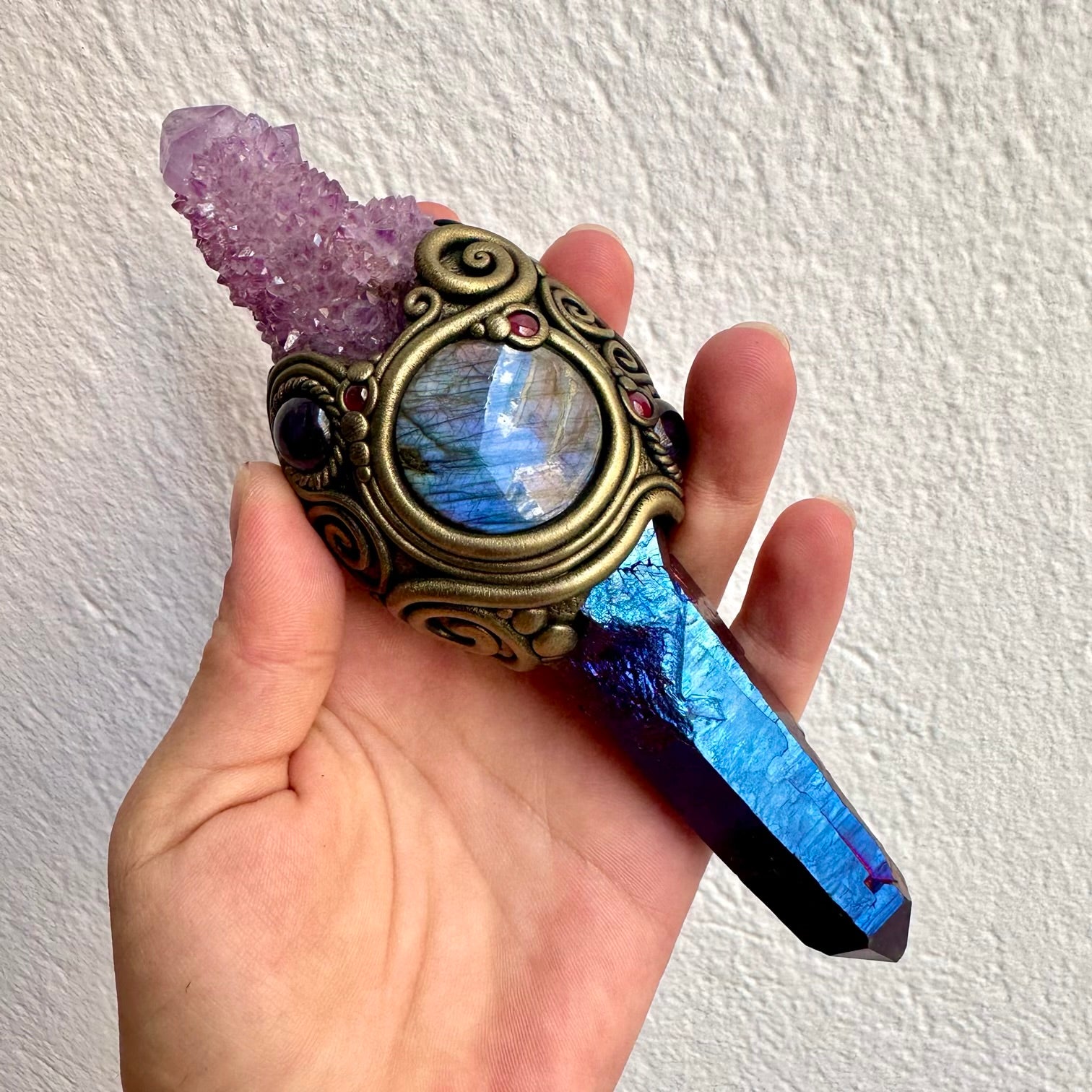 Handmade raw crystal wand with Cobalt Aura Quartz, Deep Purple Spirit Quartz, Labradorite, Amethyst and Rhodolite Garnet.