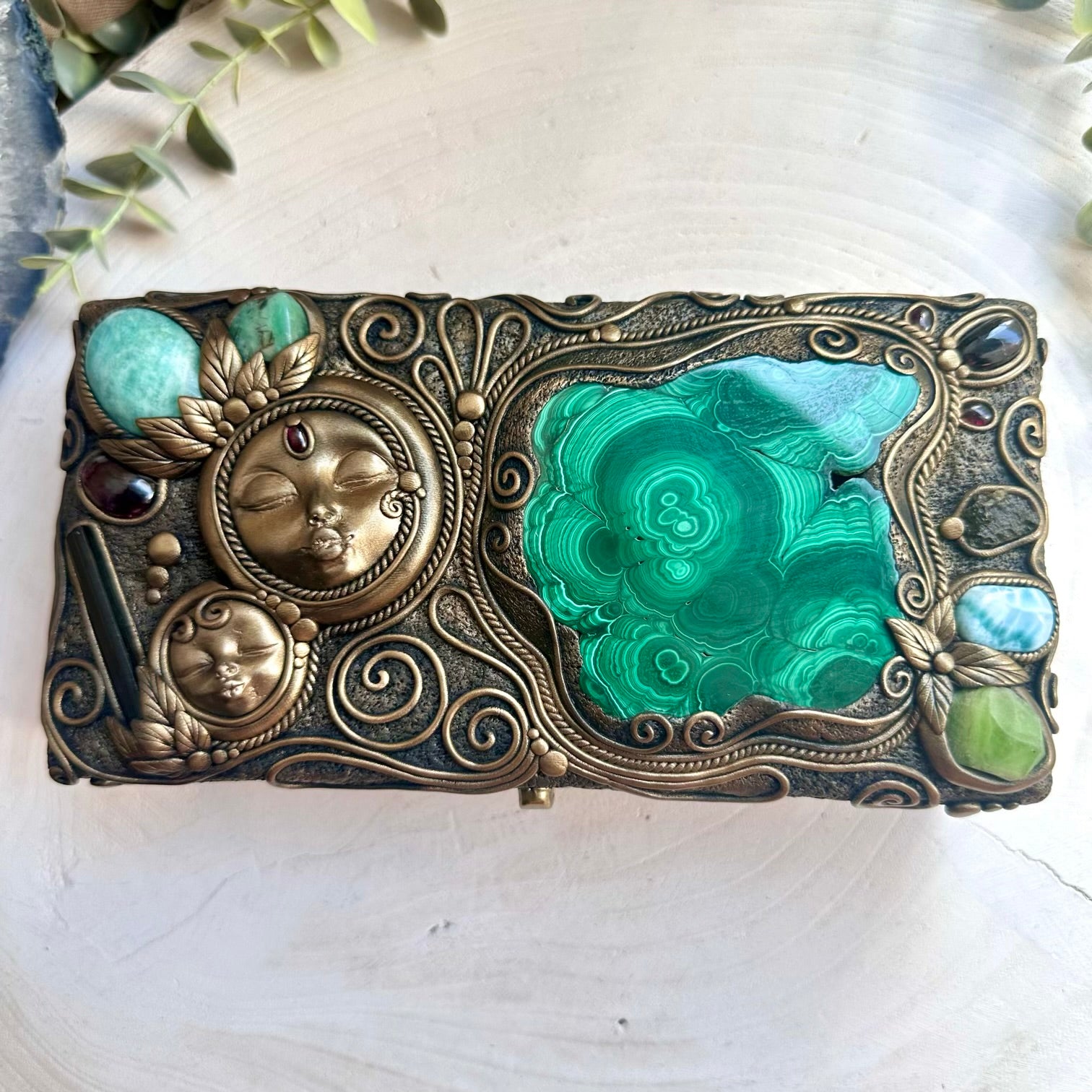 Unique spiritual home decor box with larimar emerald and peridot
