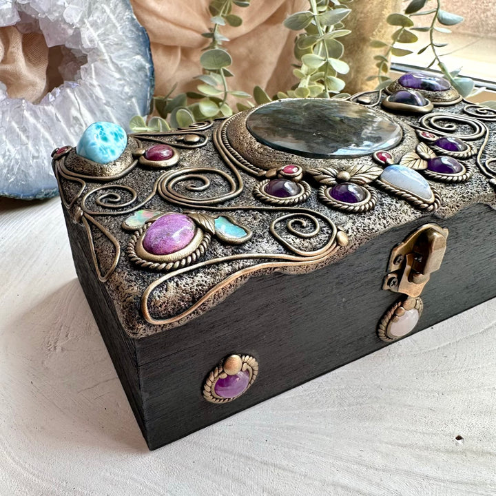 Handmade crystal altar decor with aqua aura quartz and ruby