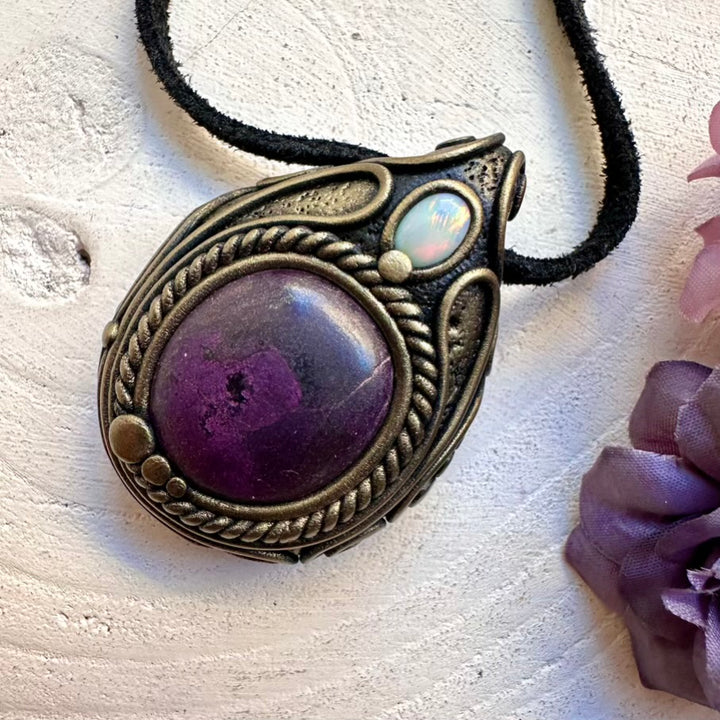 Artisan one-of-a-kind healing talisman necklace featuring ethically sourced Purpurite crystal and Australian Opal energy tool.