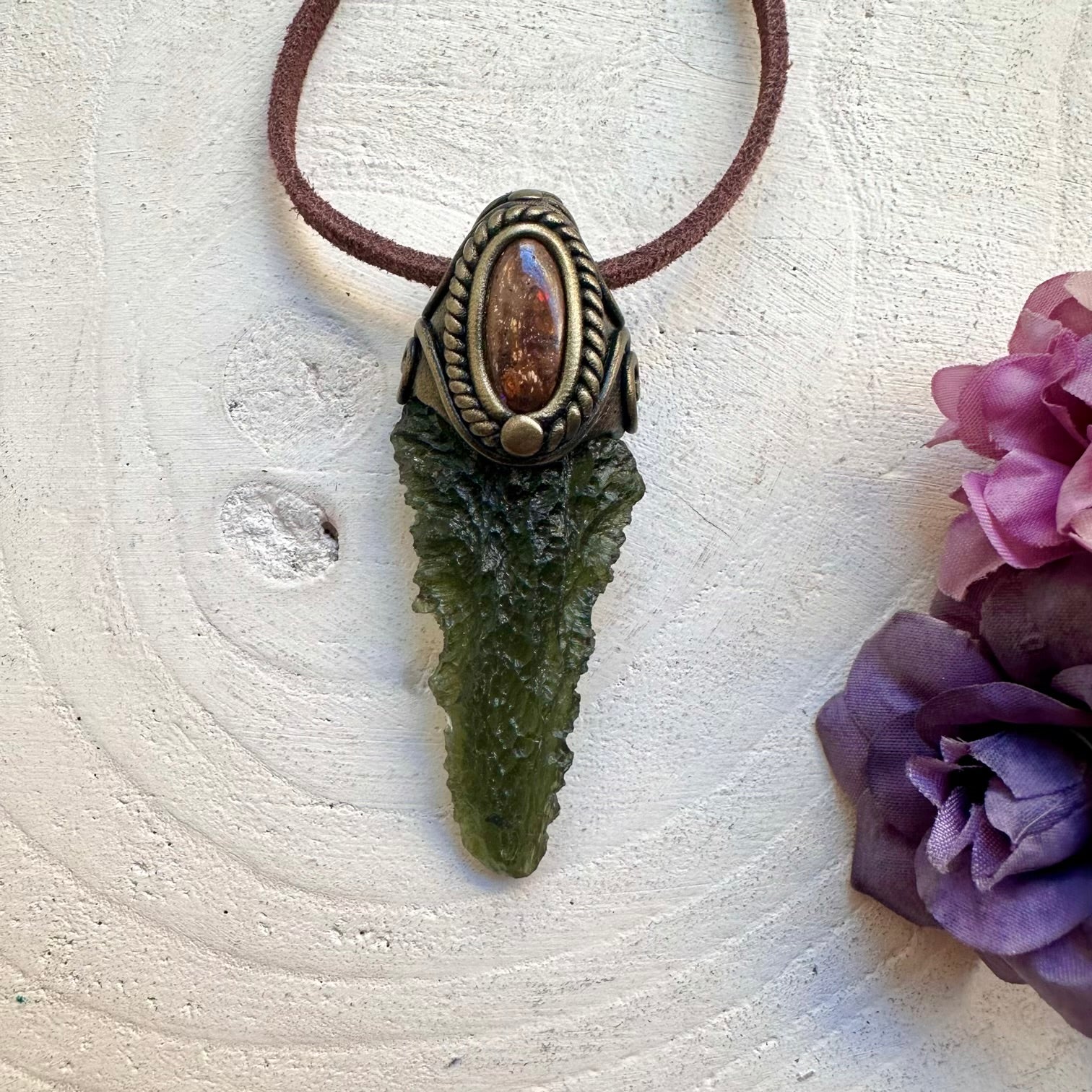 Healing crystal pendant necklace featuring large genuine Moldavite and Australian Boulder Opal, wearable spiritual talisman jewelry.