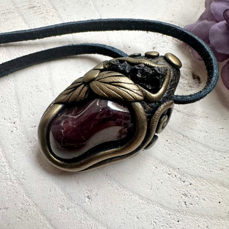 Handmade healing Moldavite and Red Garnet crystal pendant, wearable amulet necklace crafted with love.