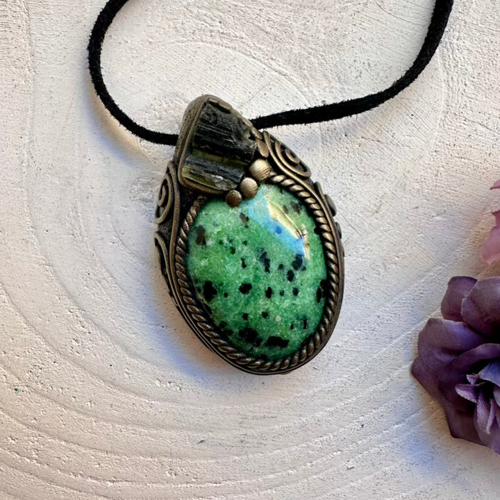 Ethically sourced raw-look Moldavite and Zoisite crystal pendant necklace, wearable spiritual ritual amulet tool.